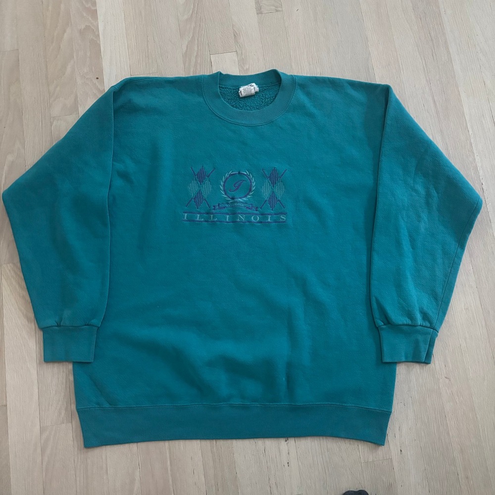 Nutmeg Mills Sweatshirt Mens XL Teal Green Vintage Illinois Embroidered Crewneck